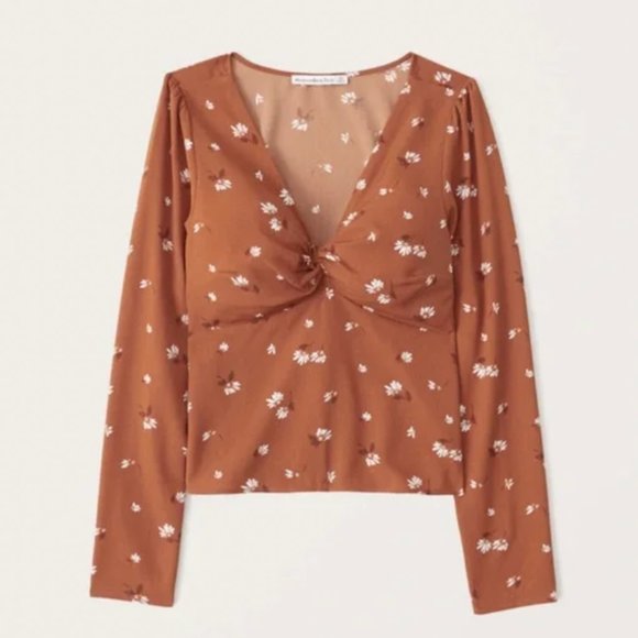 Abercrombie Women's Long-Sleeve Deep-V Top in Dark Orange Floral - Picture 1 of 5